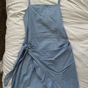 Blue Wrap Square Neckline Dress